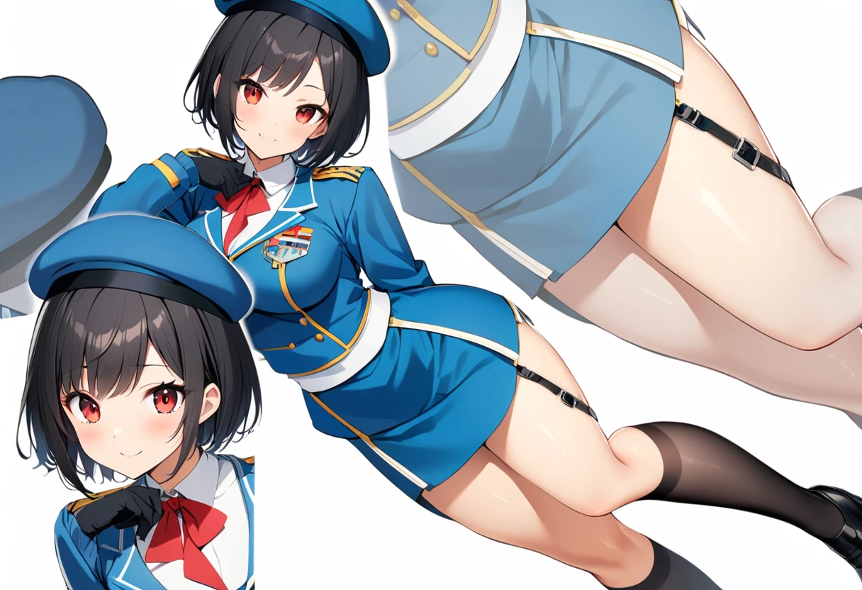 16k works,Highest quality,18-year-old,No background.White background only,whole body、sexy、 One person, Beautiful Face,, Symmetrical eyes, Perfect body, Good balance、 Perfect body、Black Hair,Red eyes,short hair,Large Breasts,Long sleeve,,Black gloves,Black knee socks,mini skirt,Blue Skirt,uniform,beret,Garter Straps,Blue jacket,Blue hat,Pencil Skirt, smile、sit