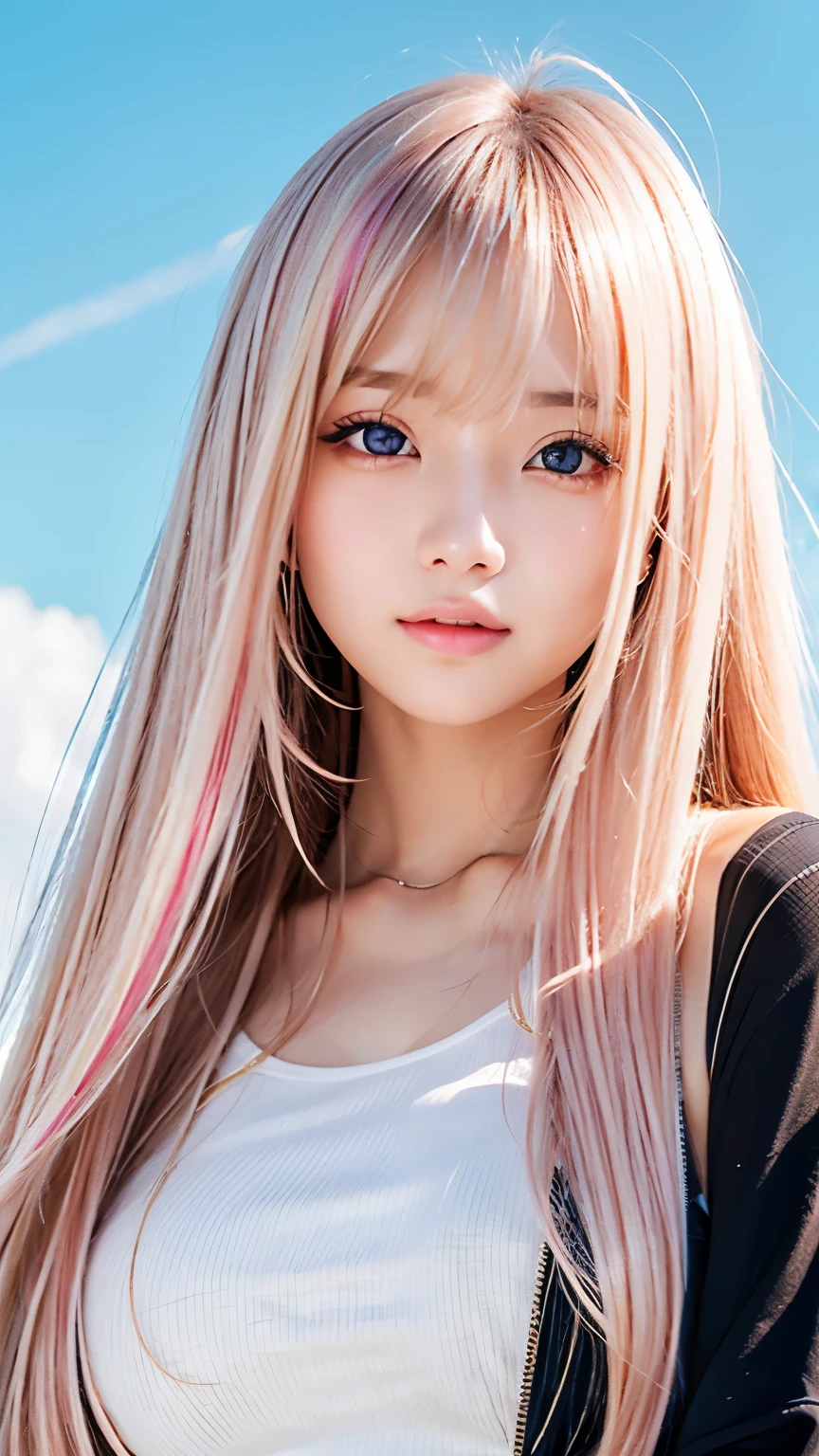 Sexy big 、Sexy and cute look and cute 18-year-old beautiful girl, Beautiful and sexy face、A strong wind blows my hair in front of my face、Long, metallic pink blonde straight hair、Beautiful, cute and sexy eyes hidden behind long bangs。