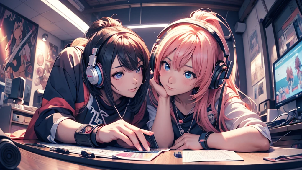 Woman wearing headphones, Anime Style 4 k, anime wallpaper 4k, anime wallpaper 4k, 4k anime wallpaper, anime art wallpaper 4k, anime art wallpaper 4k, Anime Style. 8K, Anime atmosphere, , Ultra HD Anime Wallpaper, Anime Art Wallpaper 8K, Anime Background,landscape、study、machine、room、night、