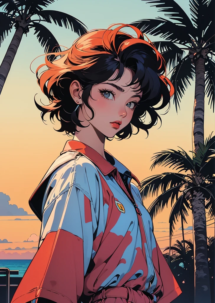 Retro Girl, Miami, sunset, Ferrari, Palm tree, the 90s, (Flat Color, flat texture, Line art:1.2), Graphical Design, (Dark ink, Ink Black),