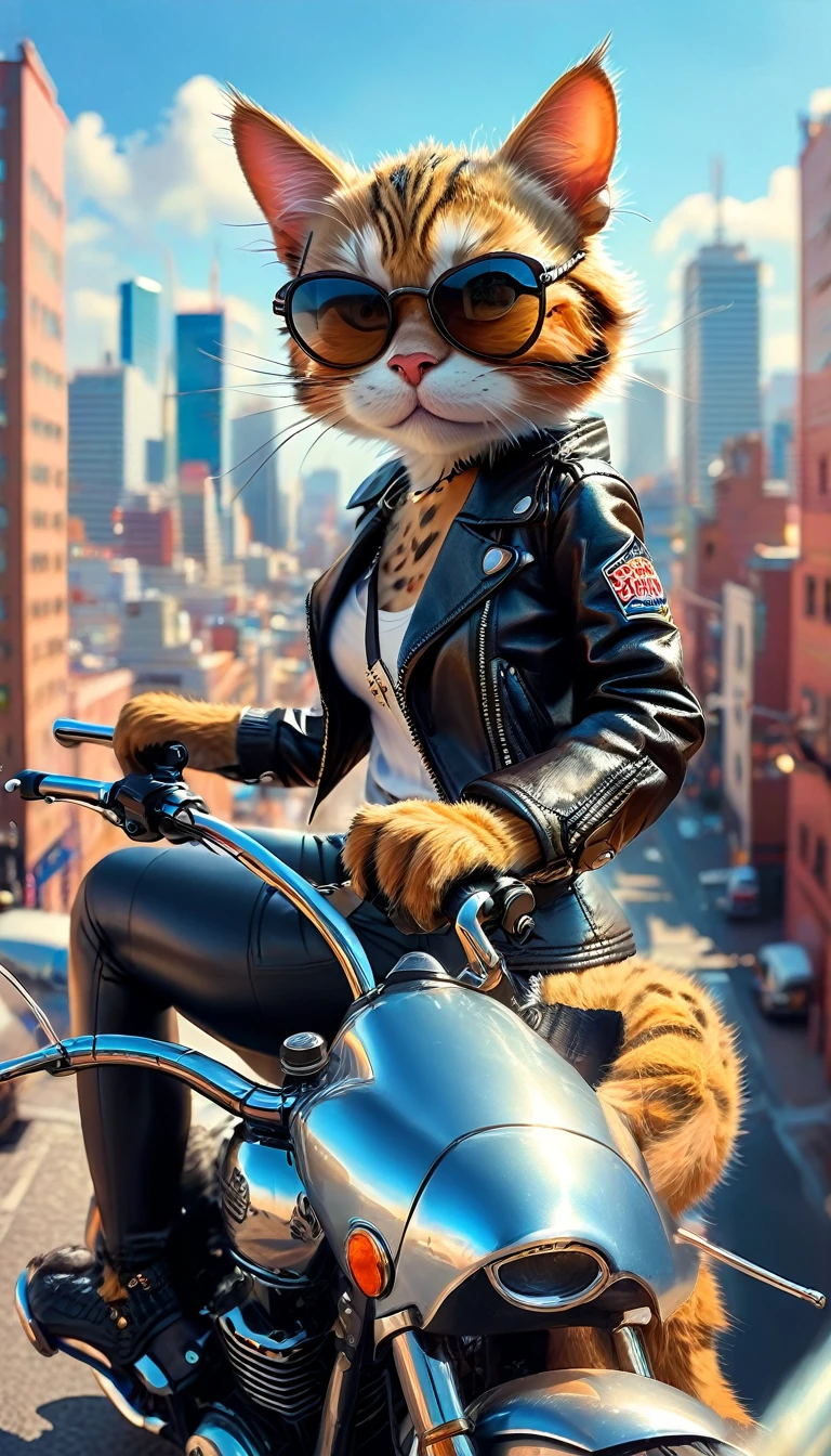 With the city in the background、An anthropomorphic cat wearing a leather jacket and sunglasses riding a big bike