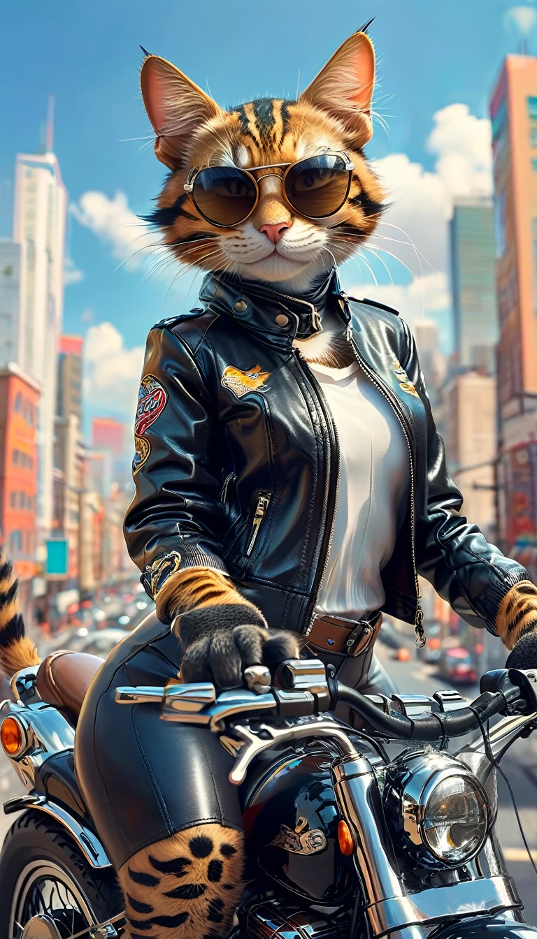 With the city in the background、An anthropomorphic cat wearing a leather jacket and sunglasses riding a big bike