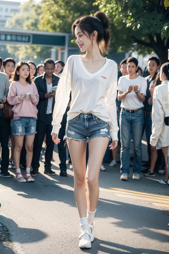(((best quality))),(((ultra detailed))),(((masterpiece))),illustration,((1 beautiful girl,solo)),((slim,thin)),((small breasts,flat chest)), outside school gate, summer twilight, sunlight,(short ponytail:1.3),((white long-sleeved shirt)),(clavicalis:1.3),((denim shorts,slender legs,white socks,slippers)),animated face, excited eyes, sounds of laughter, chatter, excitement of summer vacation, air filled with energy, school gate golden glow, symbol of end of academic year, schoolyard transformed, reunion, farewells, embracing setting sun, face illuminated, moment captured, fleeting instant, essence of summer, carefree spirit, youthful exuberance, embodiment of season, sun dips, rosy glow, joy of living,promise of adventures,((standing,from front,full body)),(surrounded by crowded crowds:1.3),(arms behind back:1.3)