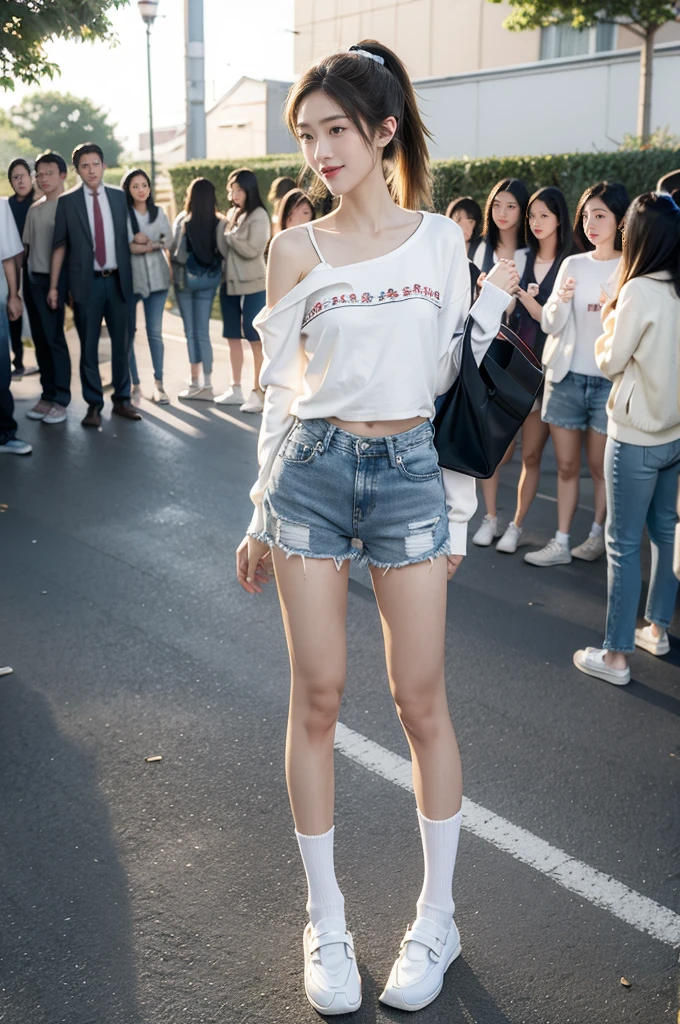 (((best quality))),(((ultra detailed))),(((masterpiece))),illustration,((1 beautiful girl,solo)),((slim,thin)),((small breasts,flat chest)), outside school gate, summer twilight, sunlight,(short ponytail:1.3),((white long-sleeved shirt)),(clavicalis:1.3),((denim shorts,slender legs,white socks,slippers)),animated face, excited eyes, sounds of laughter, chatter, excitement of summer vacation, air filled with energy, school gate golden glow, symbol of end of academic year, schoolyard transformed, reunion, farewells, embracing setting sun, face illuminated, moment captured, fleeting instant, essence of summer, carefree spirit, youthful exuberance, embodiment of season, sun dips, rosy glow, joy of living,promise of adventures,((standing,from front,full body)),(surrounded by crowded crowds:1.3),(arms behind back:1.3)