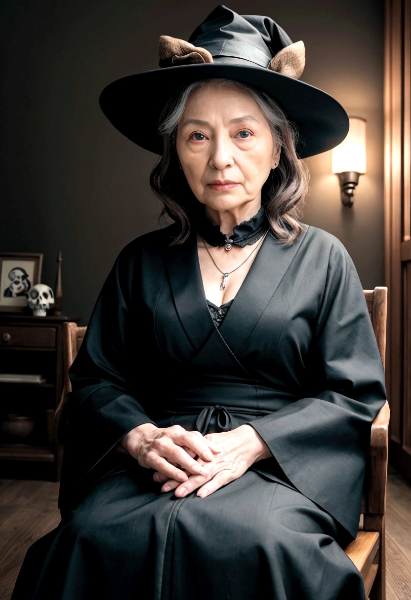 (A very old witch was sitting in Cadilau's chair.,She was holding a black bird:1.5,He has a skull hat on his head:1.2),(Dark castle background,Unclean,Terrorist),(Wide angle,Ultra-high resolution detail, Hyper HD, Super detailed, Attention to detail, Highest quality, High resolution, Awards, 8K),(Light)