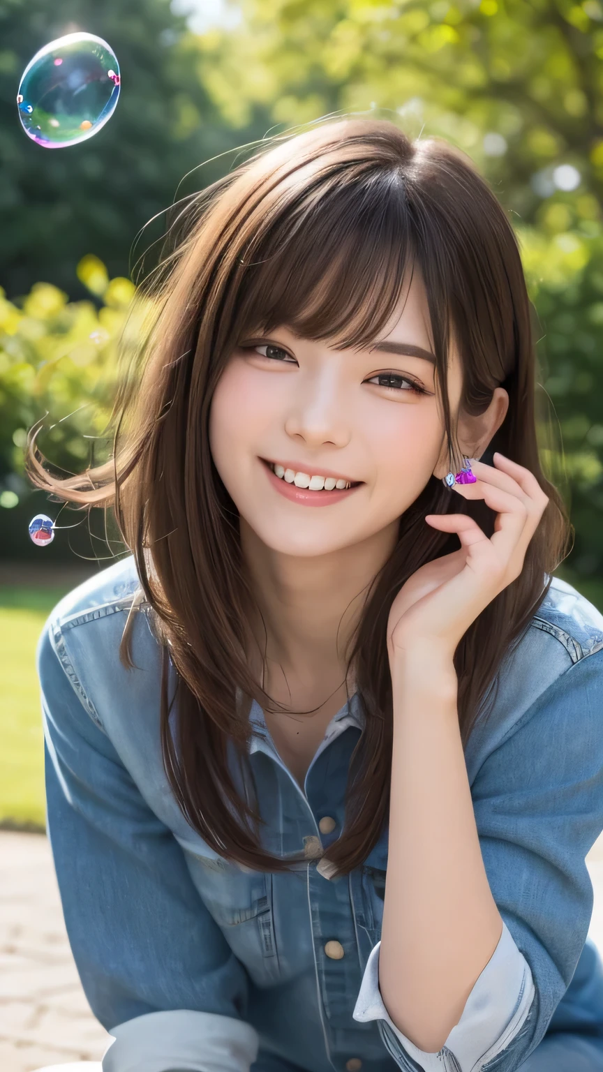 closeup shot , Best picture quality (8K, high resolution, Masterpiece: 1.2), super detailed, 215 Short Hair, 16-year-old woman,
situation: In the green park、Woman having fun blowing soap bubbles。
clothing: Casual denim shorts、T-Shirts、sneakers。
angle:
Close-up: The moment you blow a bubble、A detailed image of softly flying soap bubbles。
Detailed depiction: With the greenery of the park and the blue sky in the background、Emphasizing a relaxing atmosphere in nature。
Emotional moment: A happy smile as she stares at soap bubbles、Captured chasing soap bubbles floating in the wind。
, Close-up of face
, random cute pose ,big eyes ,Puffy eyes , Heart Pupil, blush , huge shy smile , salute