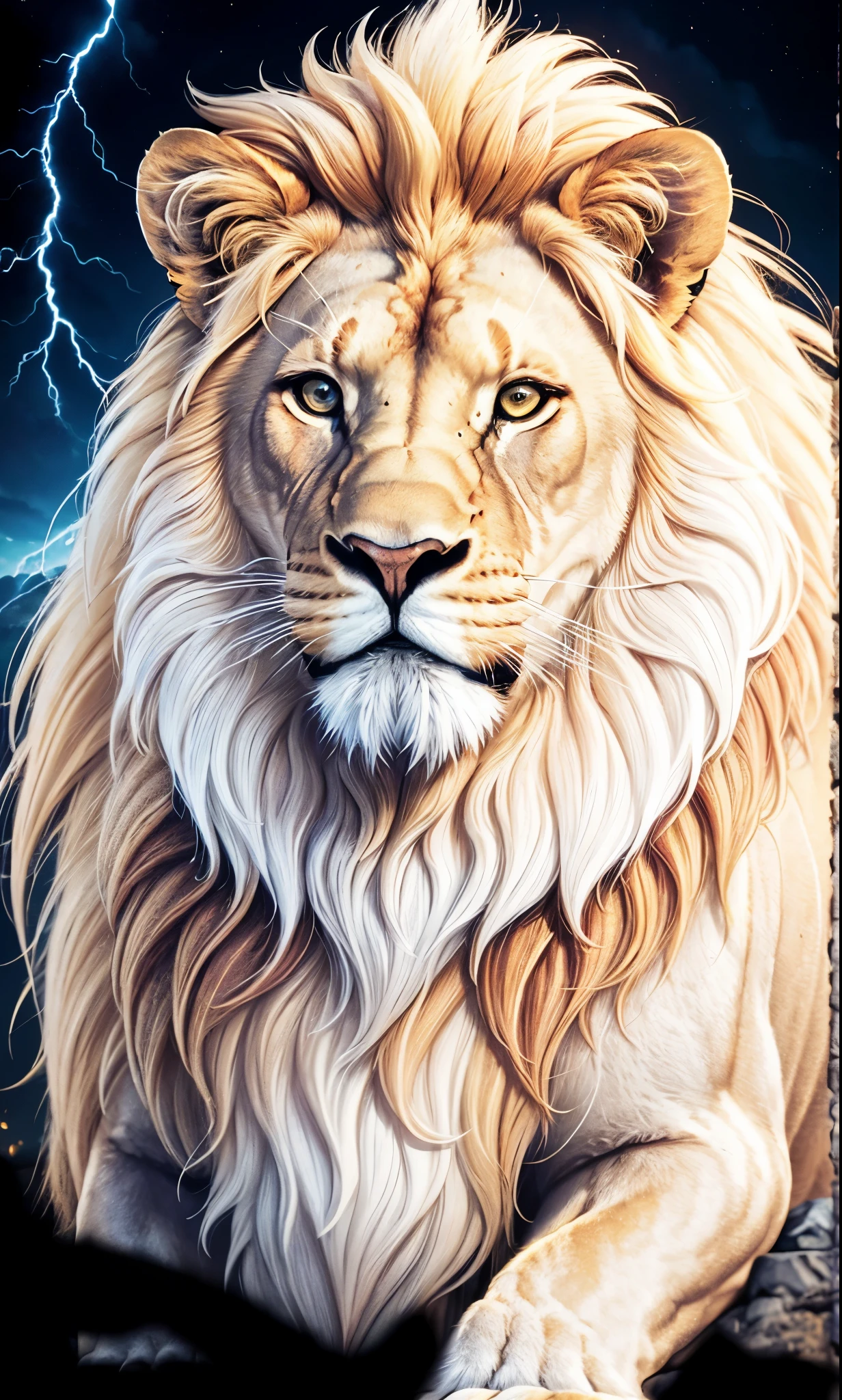 Lion, Divine Lion, naturals, thunder, Realistic Lion, rey, realistic detailed, Sunset light, sky, Sol noturno, realistic detailed 16K, Eletricidade Detalhada 8K, darkness background, Texturas realistas de 8K, Cores photorrealistic 8K, fire azul, realistic detailed Fire Bolt, sky Light Detailed, Power of thunder, Divine realistic, golden crown, golden crown, golden crown, naturey, Linda, Rendering, photorrealistic, UltraHigh definition, 4K, detailed textures, thunder, detailed shadows, detailed colors, neon blue, blue light, lightnings, blue power, naturey Linda, Great Divine, peaceful face, naturalss, lightning, Electric Power Screw, detailed contrast, realistic contrast, high resolution, detailed colors, fire, villany, divine creature, 8K FullHD, realistic detailed, 16K, 8K, High definition, detailed contrast, realistic contrast, high resolution, detailed colors, fire, villany, divine creature, 8K Realistic Lion Face, realistic detailed, posh, elegance