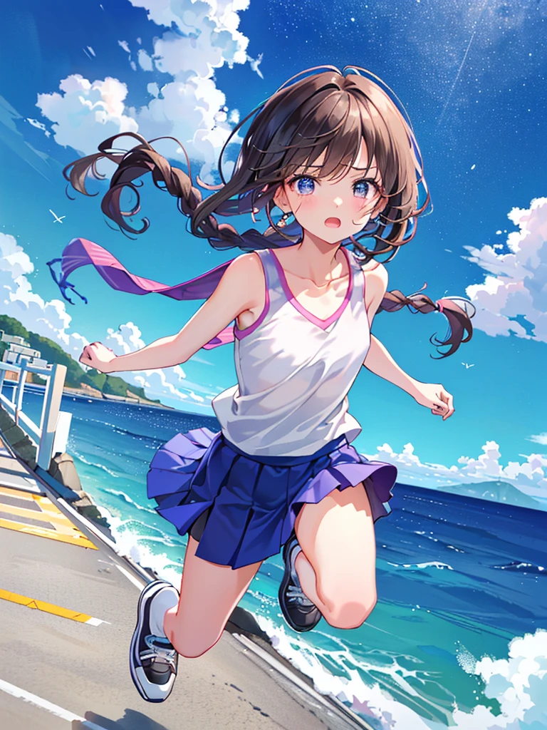 Highest quality、High resolution、Detailed Background、(Beautiful face in every detail:1.4)、Anatomically correct、(Detailed facial expressions)、(fine grain:1.2)、 (aerial view:1.5), Teenage Beauty、Cute hair color、Braided Ponytail、Braided bob cut、Braided twin tails、Lower grade primary school students, (Tank top、Ｖneck、mini skirt、Cute Shoes)、Perfect body line、(Running for his life:1.5、Sprinting:1.5)、(I have tears in my eyes:1.5、Screaming and looking like she&#39;s about to cry)、The wind flows、Clouds flowing、