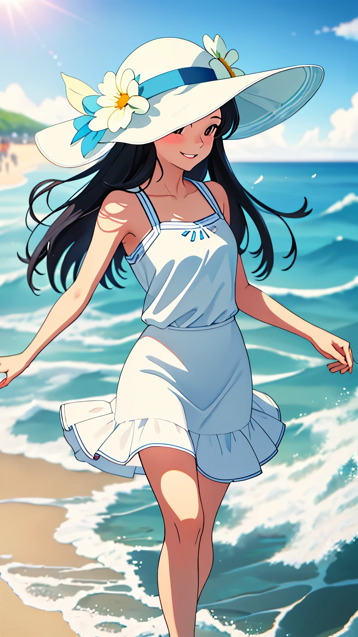 beach, best quality, masterpiece,、beautiful girl、slim、One person、Long Hair、White sleeveless、White dress、The skirt is short、running、A happy smile、口を開けて笑う、
sea beach,Black hair,daysieblurry,Background of bblurry,daysies,,cparted lips,the ocean,Summer daysies,Sun hat,