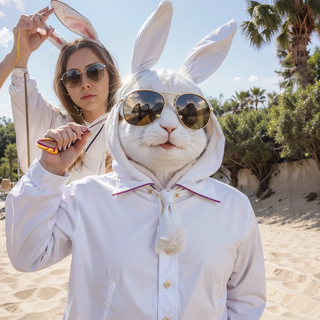 there is a white rabbit wearing sunglasses and a tie, with sunglasses, cute anthropomorphic bunny, electrixbunny, anthropomorphic rabbit, bad bunny, bunny suit, cool sunglasses, in sun glasses, wearing a bunny suit, rabbit, closeup 4k, sun glasses, rabbit_bunny, with sunglass, white rabbit, high fov
