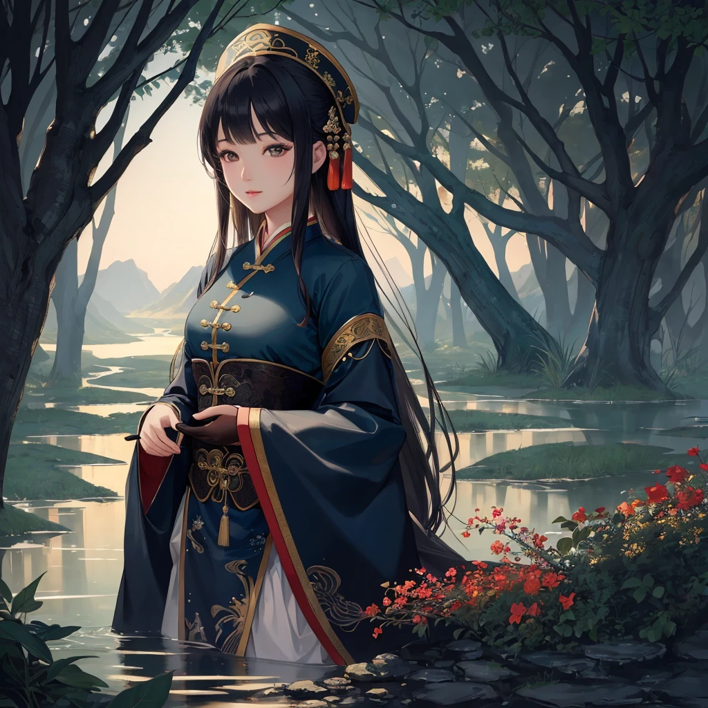 ((masterpiece)), ((best quality)), 8K, High Detail, Very detailed, Intricate details, illustration, fantasy, Surrealism, ((1 girl:1.2)), Solitary, Describe the Chinese-style river girl, river'Girl costumes, (The imperial gift paper on the head), Wearing traditional clothes, (Night settings:1.2), (Ancient village ruins:1.1), (Weird atmosphere), Miss Jiang's posture, (Ancient charm:0.8), Detailed depiction of the river girl in the river pose, (Moonlit Night), (Mysterious mist), (Traditional charm), (Exquisite eyes:1.1), (Black Hair), (Pale skin), (Red lips), Balanced composition, lights under moonlight, Visual effects with weird details, maxon Cinema 4D,,