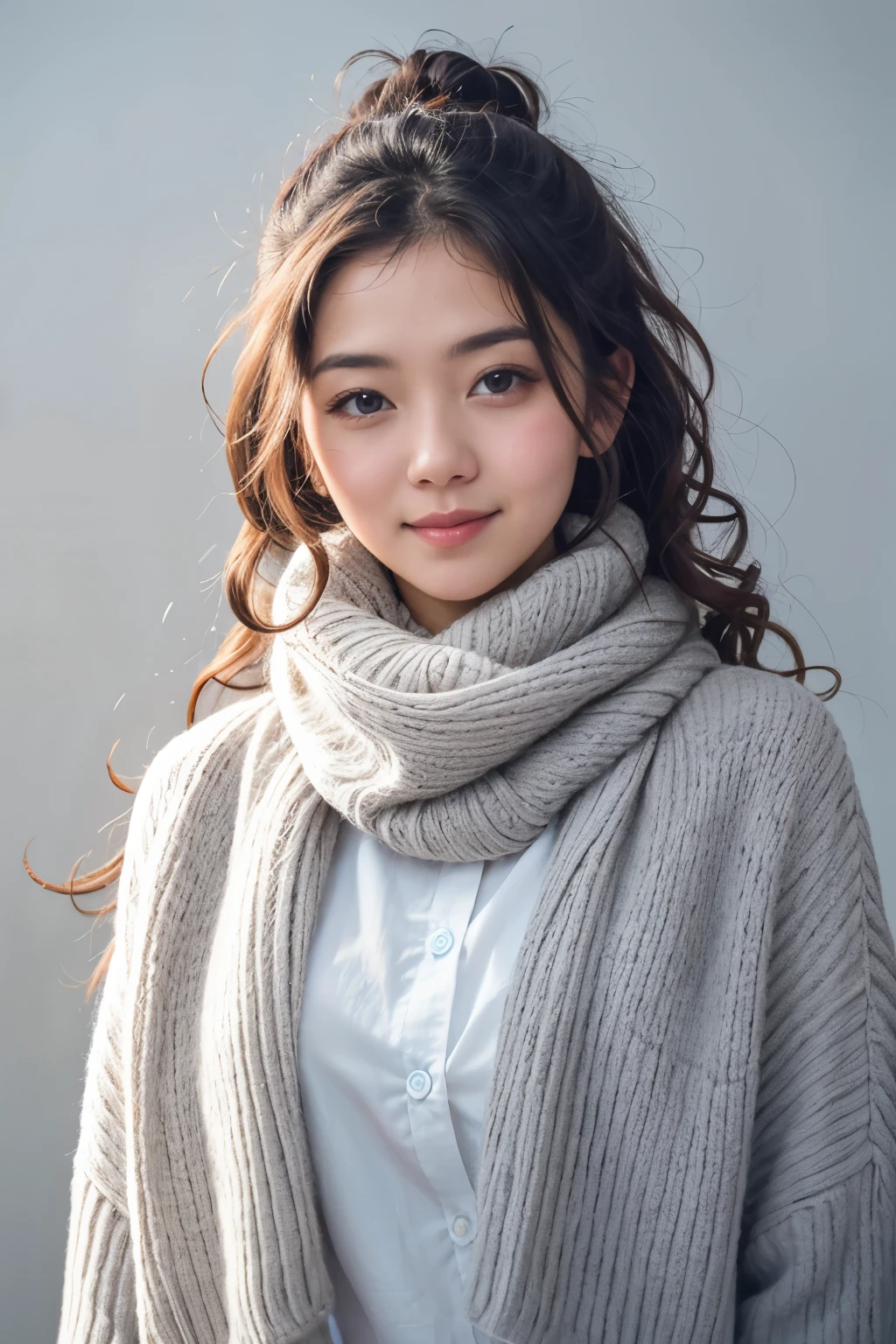 The image features a woman with long hair.,Curly hair,comfortable,흰색 셔츠와 scarf를 입고. She's looking at the camera,Providing a warm and friendly atmosphere. Woman's hair blowing in the wind.,Add liveliness and vitality to the scene. her outfit combination,scarf,and the windy conditions creates a visually appealing and dynamic image. high fashion,pure gray background,dynamic,dramatic,elegant,
