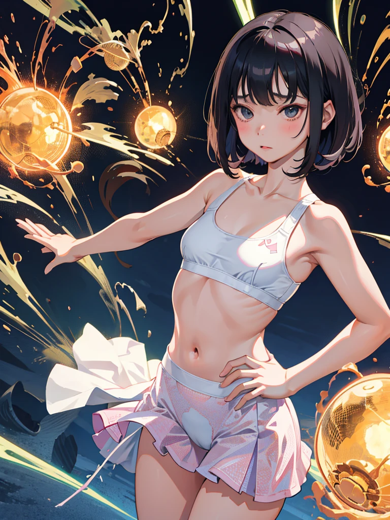 (short cute girl，small young student，young delicate girl）,（masterpiece，Top quality)，sports bra，patterned light pink skirt，skirt lift，Pinching skirts，long black hair, โชว์กางเกงใน, camel toe,กางขา และยกขาหนึ่งข้าง, กางเกงในสีขาว,