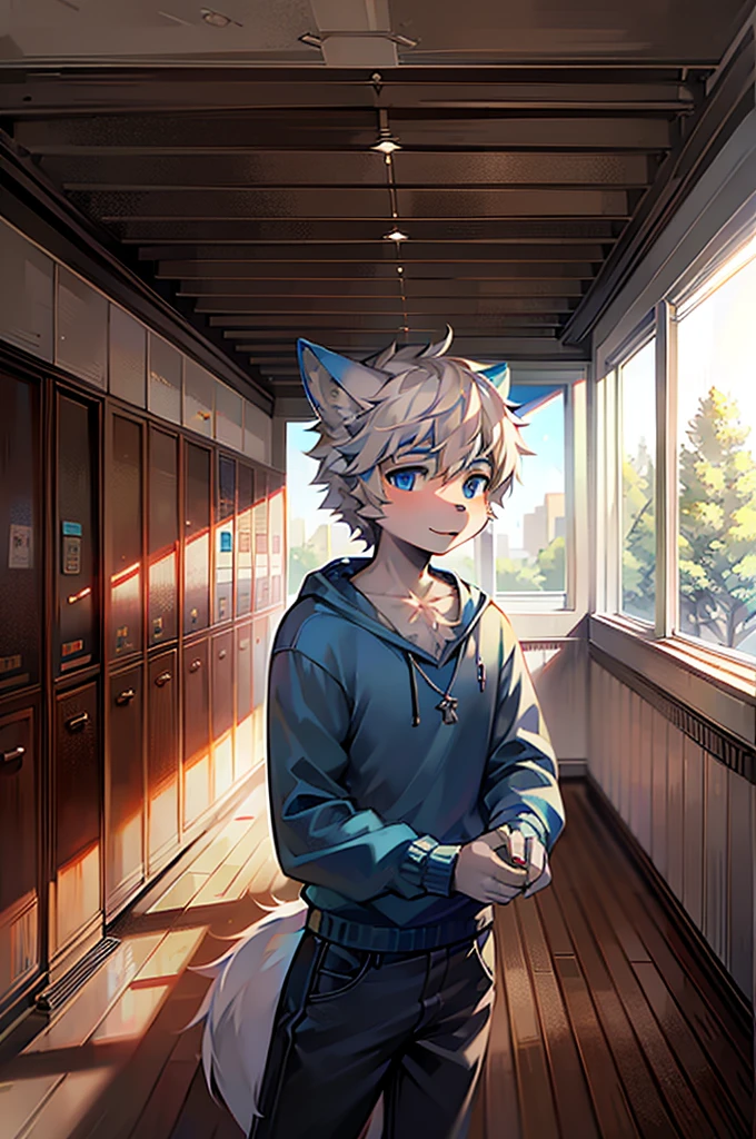 Cyan male furry wolf with white fur , sad crying, wearing a black blouse and black pants