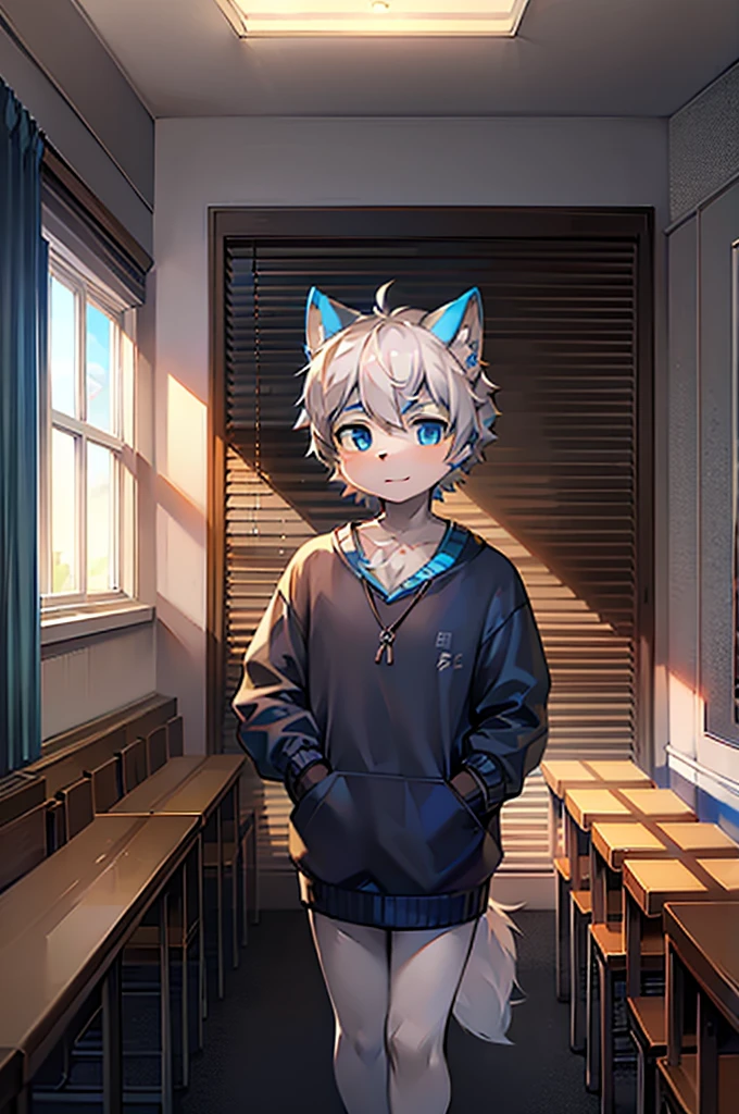 One Chico, Wolf, White and blue fur, young people, blue eyes, Messy hair, White hair, short hair, masterpiece, Very detailed, Casual Clothing,School,Built-in camera,Fuzzy