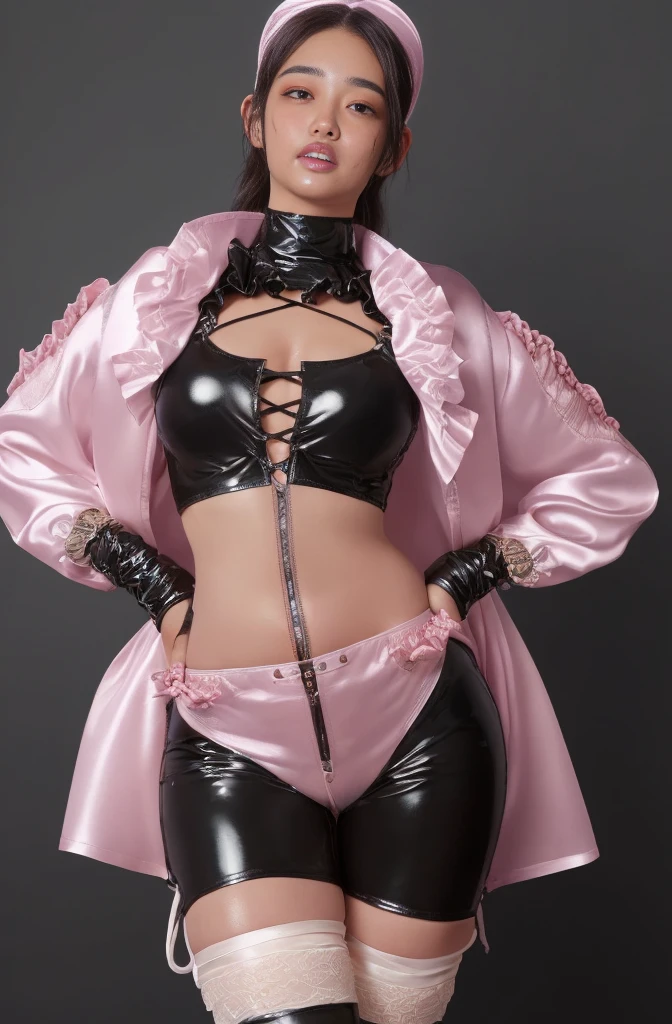 ((nsfw:1.9)),
((curvy hips:1.5)),((puffy crotch:1.5 )),(((low leg skimpy croch)) ((ultra high detail crotch seam:2.0)) (((low waist micro shorts:1.8)),,,((curvy crotch :1.2~1.7 )),((wide hips1.5)),((camel toe:1.9 )), ((plump thighs:1.7 ))), ((ultra high detailed skin:1.9)),(32k, RAW photo, best quality, masterpiece:1.8), (ultra highres realistic, photo-realistic:1.8), (extremely detailed 8k wallpaper), 23yo woman, (detailed face: 1.4)((ultra high detail latex idol outfit:1.5 )),(detailed face: 1.5),
(best quality:1.5),22yo woman,
(detailed face: 1.4)best quality, masterpiece,kpop idol,((ultra high detail latex idol outfit:1.5 ))((hyperdetailed grossy latex clothing:1.8 ))(ultra-detailed shiny glossy latex)((ultra high detail latex idol outfit:1.7)),(( midriff pink latex puffer jacket)))
((High Detail shiny pink-white latex cropped down jacket )),
((hyperdetailed grossy latex clothing:1.8 )),(((micro low-waist shorts:1.2~1.7) )),((ultra high detail crotch seam:2.0))
,((low leg skimpy croch))),((low leg micro shorts:1.2~1.7 )) (high detail white twe-tone satin frilled shirt:1.9) ((ultra high detail pink twe-tone low leg skimpy shorts:1.2~1.7 )),((low leg skimpy low-waist shorts2.0)) (ultra high detail garter belt garter straps:1.2),(bulge:1.5)(black hair;1.8 )(oily hair :1.8),(high detailed blushing cheeks:1.7) (ultra high detail intricate thigh lace-up boots:1.3)