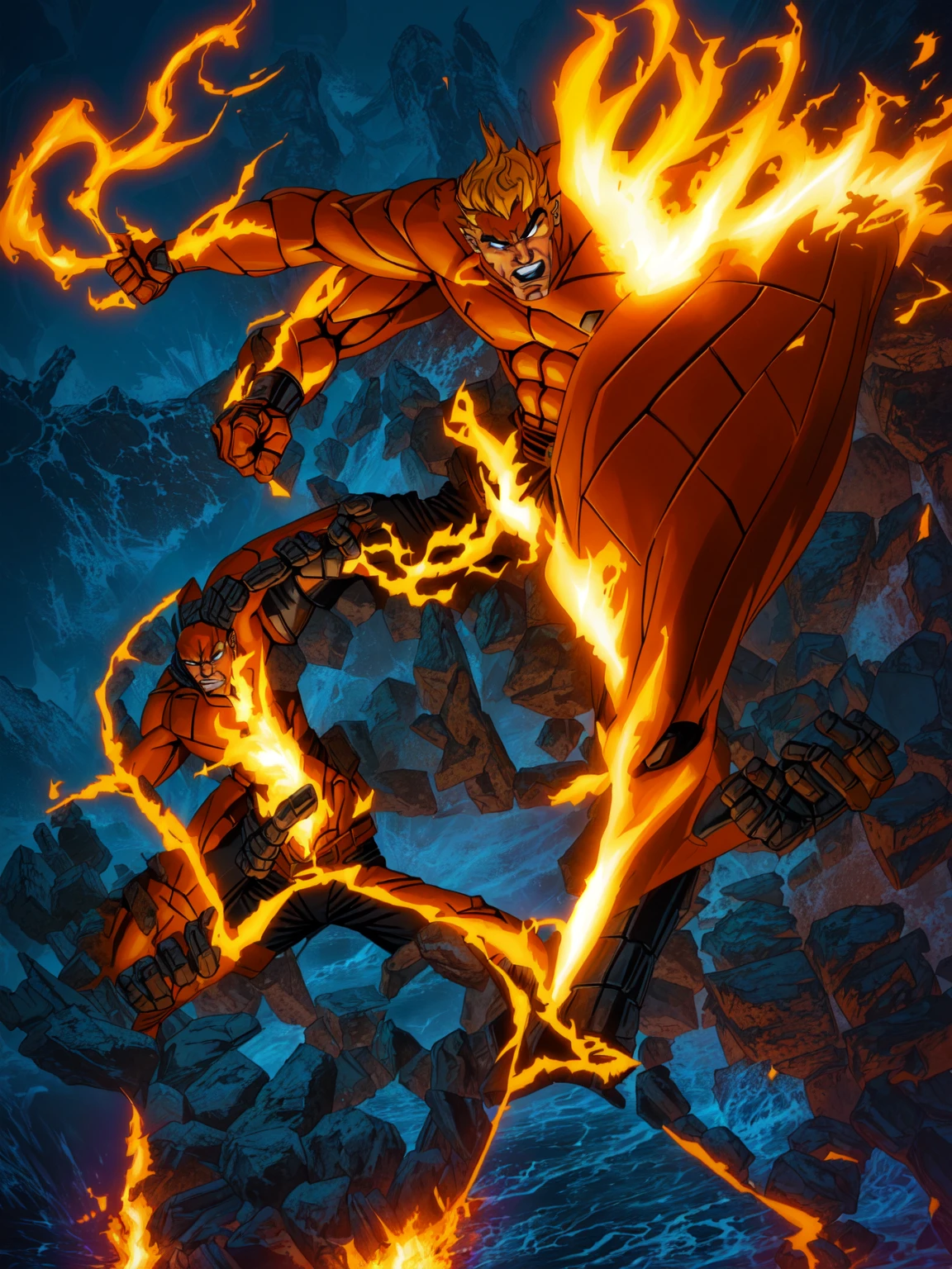 a cartoon of Marvel comic book characters 'The Thing' and 'The Human Torch'. The Thing is an orange rock man in a blue shorts, positing on rock super hero pose, from the thing, high detail iconic character, posing for a fight intricate, crouching humanoid, the thing, most strongest pose, clenching, by Robert Richenburg, fighting pose, buff man, heroic masculine pose, aggressive pose, serpentine pose gesture. The Human Torch is a man on fire, he has yellow eyes and mouth and a red body.
