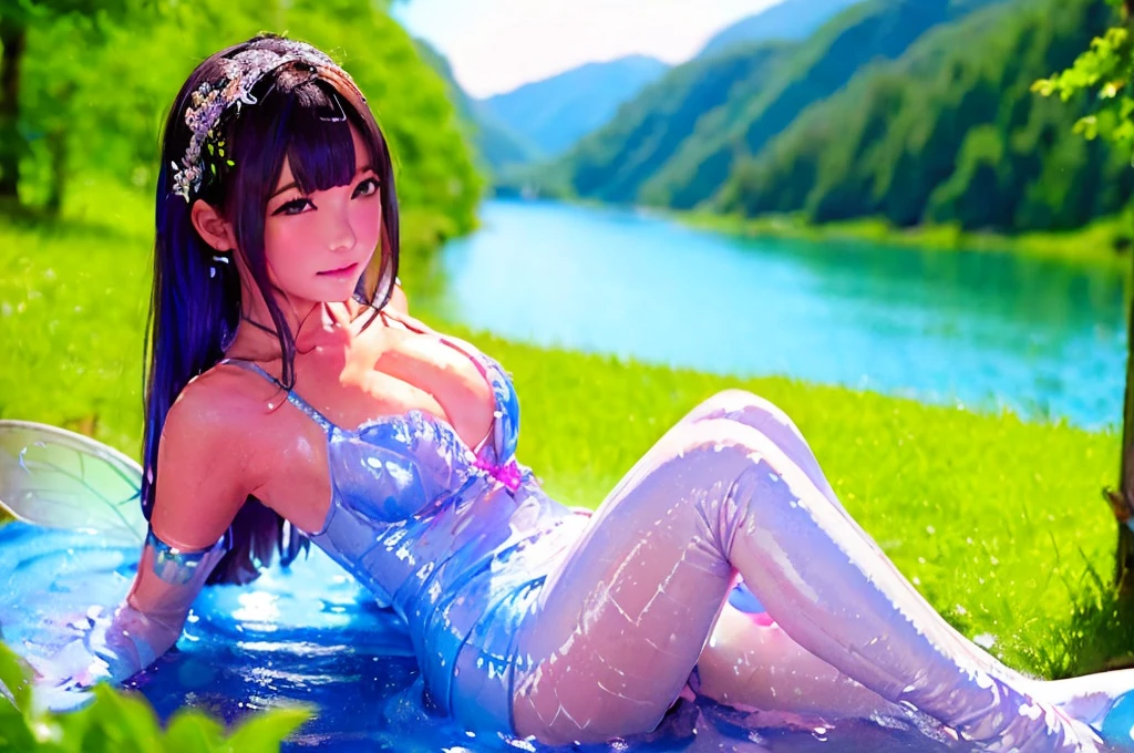 a fairy sitting nearby the lake made of her fluids