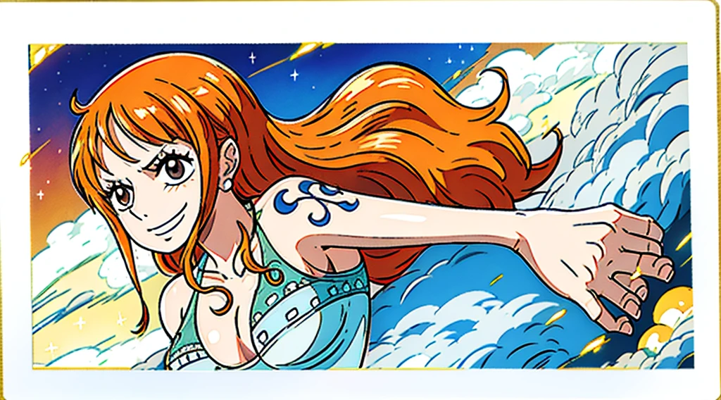 ((Best Quality)), ((Masterpiece)), (((detailed character sheet, frontal view, side view, three quarter view))) white background、one piece、US、whole body、whole bodyイラスト、whole bodyアニメーション、whole bodyリファレンスシート、High heels、Swimwear、Bikini、original、New World、Long Hair、Orange Hair、Tattoo on left arm、Ring belt、Heighten your head、smile、Cute face、Big Breasts、Narrow waist、Long legs、Beautiful feet、8 heads tall、thong、Detailed face