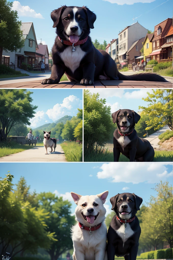 cartoon drawing of two dogs on a leash in a park, animated disney movie inking, published concept art, stylized linework, whole page illustration, by Istvan Banyai, concept art for a video game, by Maksimilijan Vanka, colorkey scene, cartoon concept art