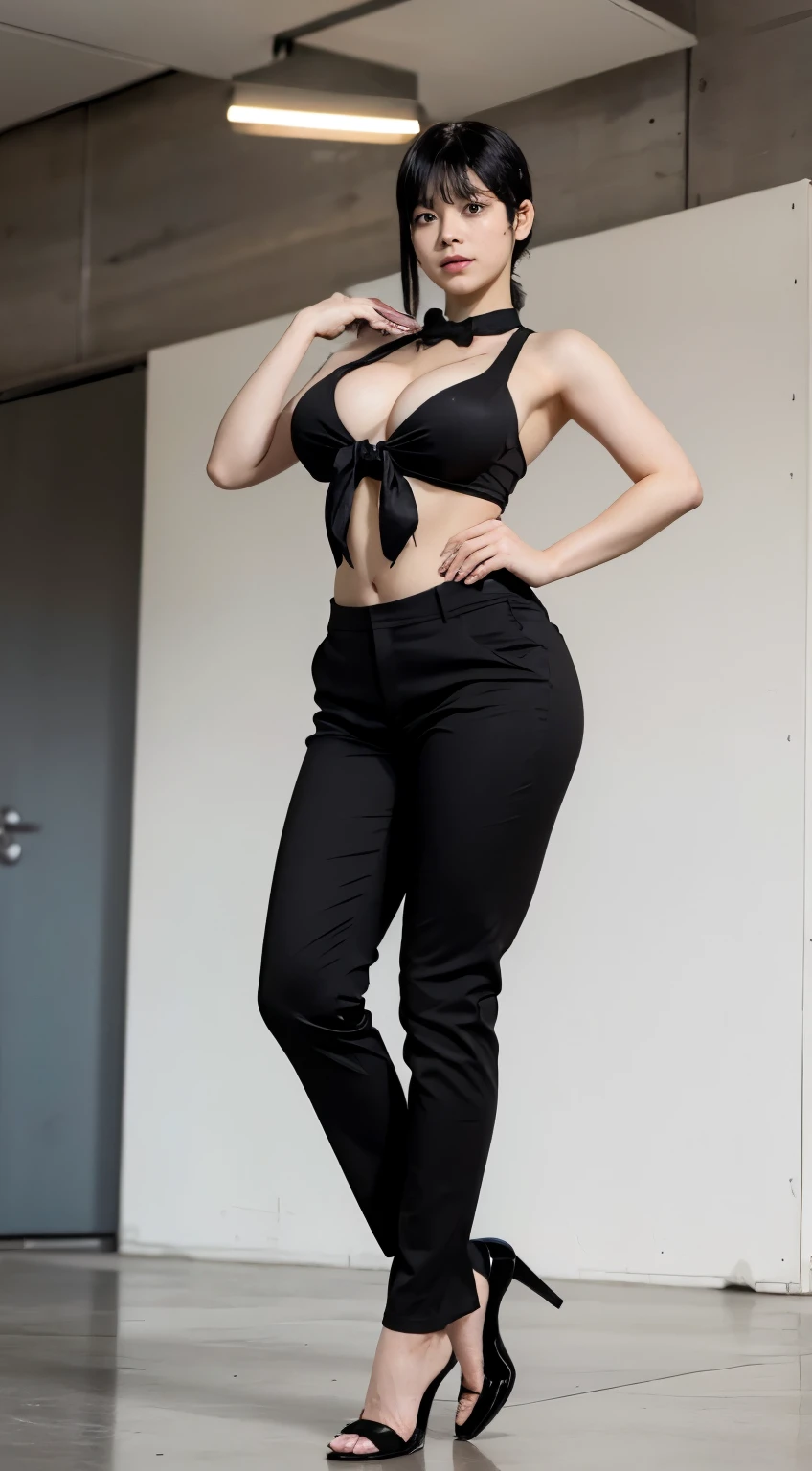 Highest quality、Ultra-high resolution、Professional Lighting、Detailed Background、workroom、full body,Kobeni-chan、A sloppy smile、25-year-old woman、beautiful girl、(Kobeni-chan、Jet black hair, Black Hair, bangs, One-sided hair,)、(Red Hair Clip:1.1)、(Black tank top:1.2)+(Black tie:1.2)+(black long pants for work:1.2)、(Huge breasts that look like they might burst:1.2)、(Big thighs:1.1)、Are standing、Model pose