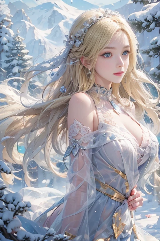 (Realistic:1.8, Highest quality:1.8,8K masterpiece:1.8,High resolution,Pieces fly:1.8),A 23-year-old woman standing on a Snow Mountain,Fantasy,(Transparent Dress Skirt,Transparent Shawl、Elegant earrings、choker), Beautiful and delicate blue eyes:1.7,double eyelid:1.6,Beautiful Skin:1.8, (Looking into the camera:1.2),(Photo from below:1.3),(Long Hair:1.2,Beautiful shiny blonde hair:1.5), Performance(Impish Smile:1.3,Blushing:1.3),(Mid-chest:1.3),stop temporarily(Seductive pose:1.5),background(Snow Scene:1.5,Snow Mountain:1.3,Fairyland Forest),(thin:1.2),(finely detailed perfect face),Normal hand:1.5,Normal finger:1:5,Normal feet:1.5,