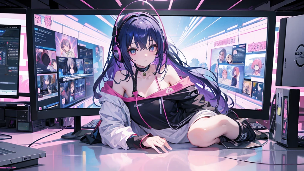 masterpiece, highest quality, 1 girl, solo exia def, black hair,headphones, choker, off shoulder, (Big T-shirt:1.3),too big,length,(nipple slip from), clavicle, bottomless,(white panties:1.3),(sit on a gaming chair:1.5),cowboy shot,(holding a game controller)