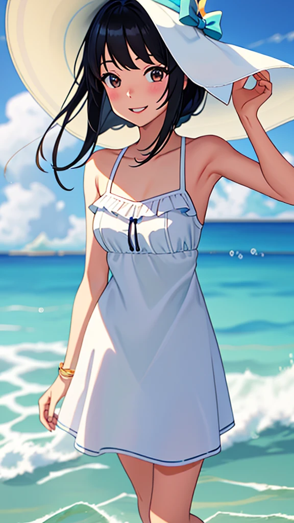 beach, best quality, masterpiece,、beautiful girl、slim、One person、Long Hair、White sleeveless、White dress、The skirt is short、running、A happy smile、口を開けて笑う、
sea beach，Black hair，daysieblurry，Background of bblurry，daysies，，cparted lips，the ocean，Summer daysies，Sun hat，