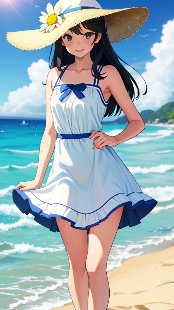 beach, best quality, masterpiece,、beautiful girl、slim、One person、Long Hair、White sleeveless、White dress、The skirt is short、running、A happy smile、口を開けて笑う、
sea beach，Black hair，daysieblurry，Background of bblurry，daysies，，cparted lips，the ocean，Summer daysies，Sun hat，