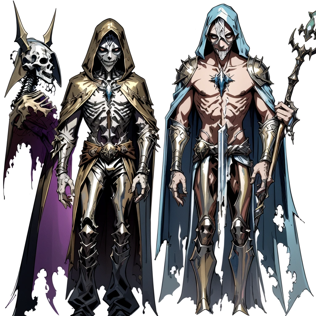 (finished masterpiece male necromancer using unholy magic),(surrounded by character design sketches:1.4),random poses,medieval fantasy,scribbles and marks,same face,white background,skinny,decrepit,dirty,ghoulish,tattered robes with metallic details,(metallic half mask:1.2),holding long metallic staff,magical aura,(skeleton:0.9),(zombie:0.9),