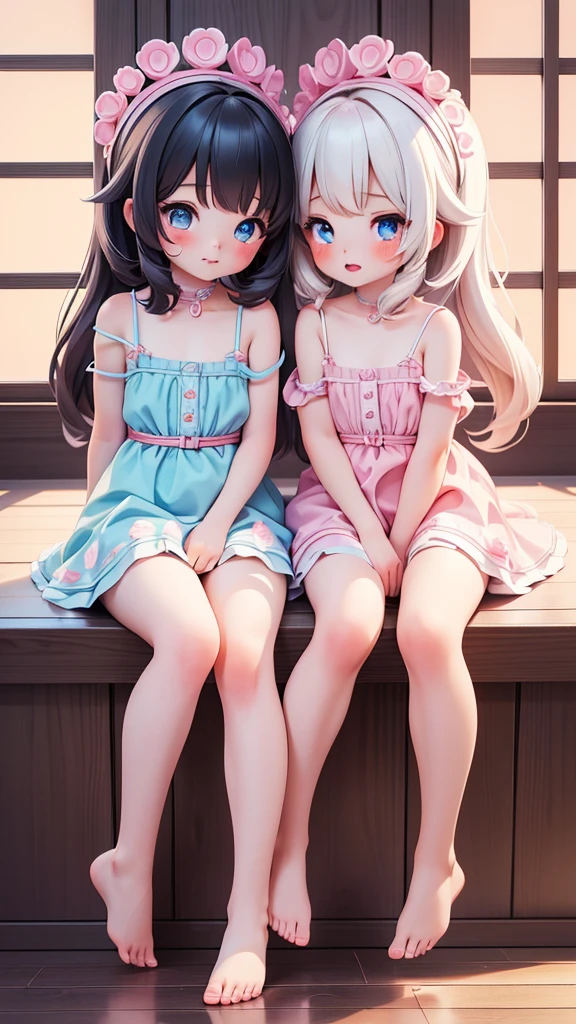 ((2girls)), ((petite kawaii, jk bishojo)), ((kawaii face)), ((kawaii cute eyes)), ((masterpiece)), (best quality), ((ultra detailed)), (8k), (depth), (exquisite), (crisp), ((highres)), ((high standard)), ((beautiful and aesthetic)), (super detailed skin), (perfect anatomy), (lipstick), (blush), ((strap slip)), (bare foot), (one room), ((french kissing))