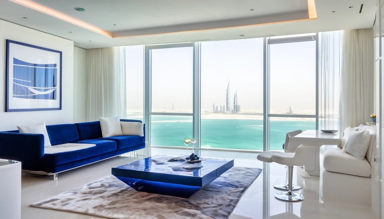 Can you describe a modern, high-tech living room in a Dubai skyscraper apartment? The room faces a window that offers a view of the Burj Al Arab. The walls are made of concrete and painted white. The floor is also white. There is a stereo set and a wine glass on the table. The room features a deep blue sofa with white cushions. The curtains are also white. There is a potted plant in the room. A pendant light hangs from the ceiling. It's morning and the sunlight is entering the room through the window. Please describe the scene in very detailed fashion, with a resolution of at least 16,000 pixels.
