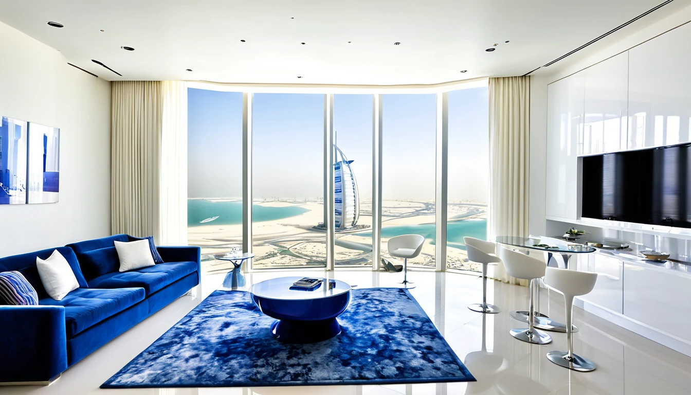 Can you describe a modern, high-tech living room in a Dubai skyscraper apartment? The room faces a window that offers a view of the Burj Al Arab. The walls are made of concrete and painted white. The floor is also white. There is a stereo set and a wine glass on the table. The room features a deep blue sofa with white cushions. The curtains are also white. There is a potted plant in the room. A pendant light hangs from the ceiling. It's morning and the sunlight is entering the room through the window. Please describe the scene in very detailed fashion, with a resolution of at least 16,000 pixels.