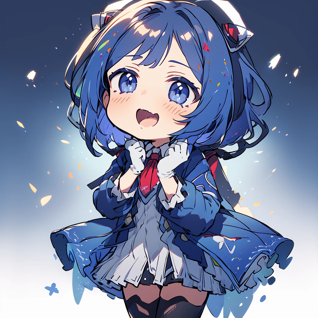 2D, ​masterpiece, top-quality, animesque, masutepiece, Best Quality, Anime, Highly detailed face, Highly detailed eyes, Highly detailed background, Perfect Lighting, Cowboy Shot, 1girl in, Solo, Aki Rosenthal, Collared dress, Short dress, Short sleeves, Blue jacket, black thighhighs, stray hair, Long hair, low twintails, bob cuts, neck tie, Headgear, White Gloves, elbow groves, wide hips, Happy, Standing, spaceship interior