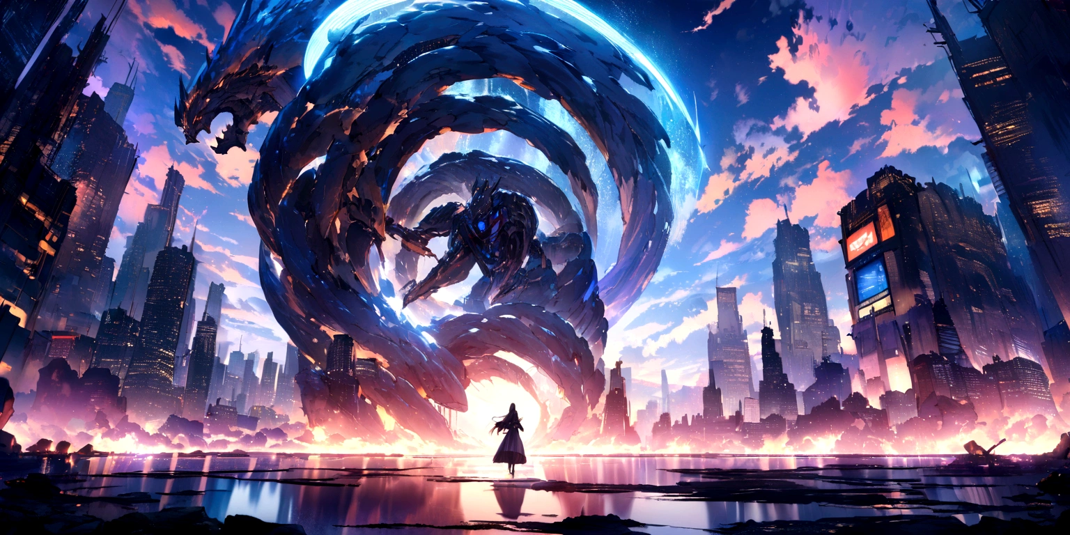((masterpiece, Highest quality, Best image quality, High resolution、４ｋ)) god聖な第一天使ヴェフィア、Glowing white wings、Glowing halo、Calm expression。Wearing a flowing ethereal robe、god々Shining with a bright light。The background is a heavenly landscape with soft clouds and golden light.。High definition and detailed fantasy art style、Glowing blue eyes and advanced cybernetic enhancements. Seen in dynamic action poses, reflection on a smooth surface. The cityscape below is filled with towering skyscrapers., illuminated by colorful holographic advertisements, Shining with blue energy, Mighty power. The overall atmosphere is dark and mysterious., It had a futuristic techno vibe.. The lighting is dramatic, Intense highlights and deep shadows, Creates depth and tension.