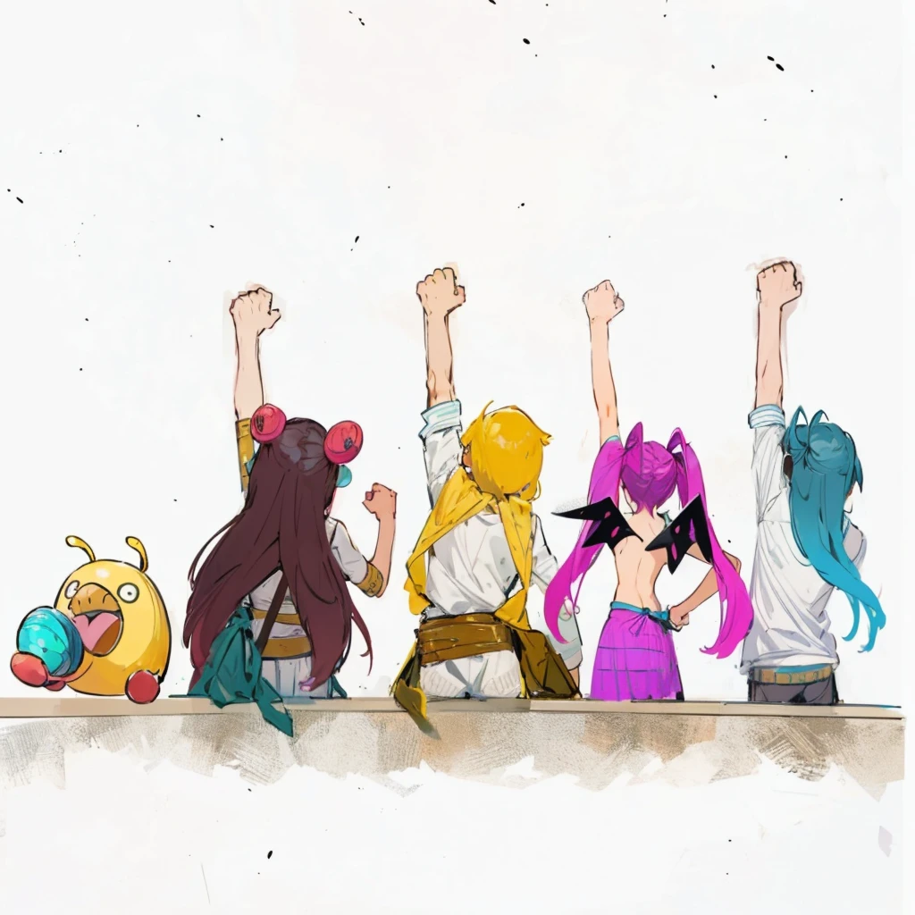 anime painting Raise your fist Back view fellow Raise your arms cool Departure pirate men and women Background white