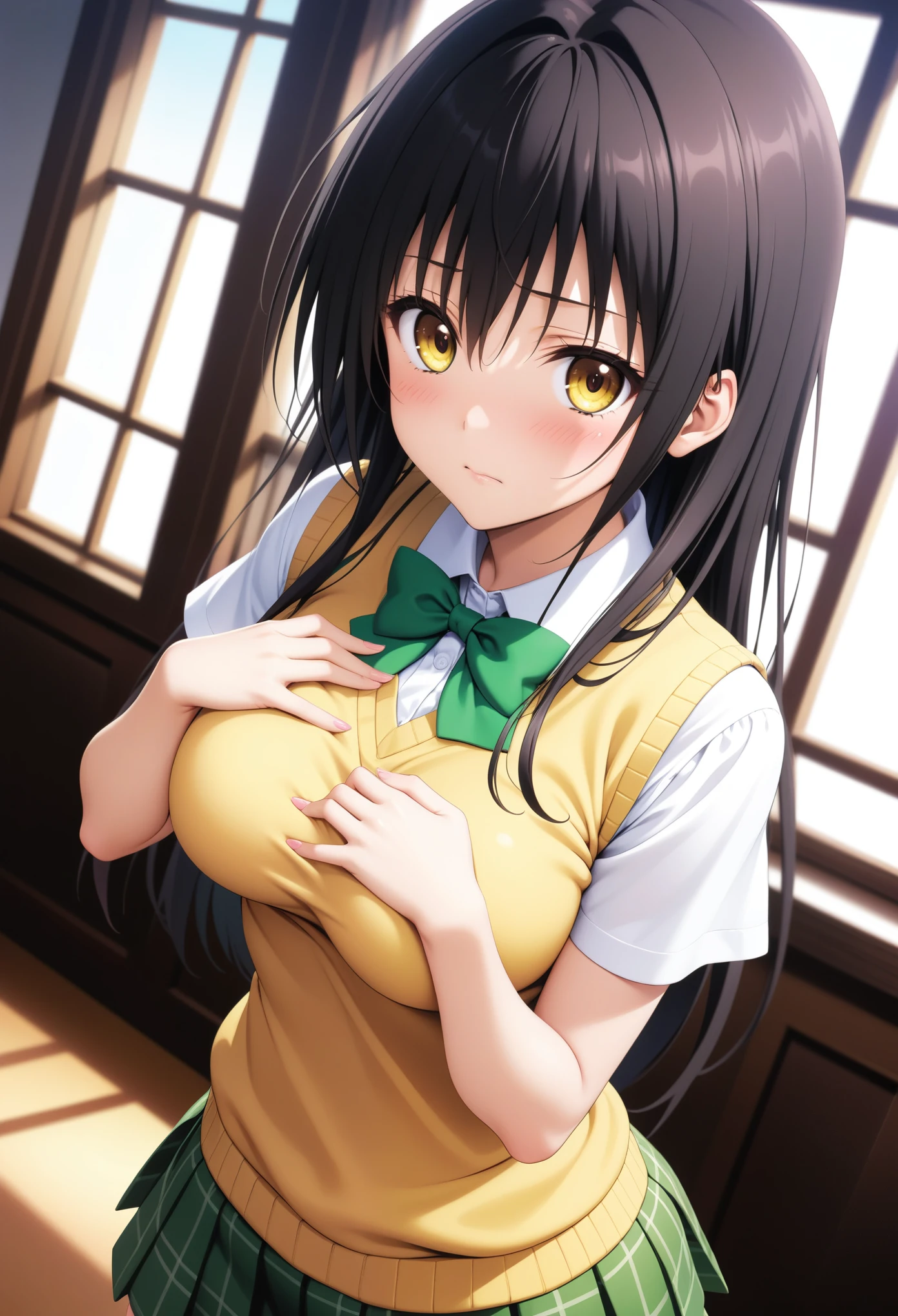 masterpiece, best quality, very aesthetic, absurdres,
1girl, kotegawa yui, to love-ru, to love-ru darkness, black hair, yellow eyes, sainan high , sweater vest, green bow, green skirt, plaid skirt, window, standing, looking at viewer, hand on own chest, blush, embarrassed,