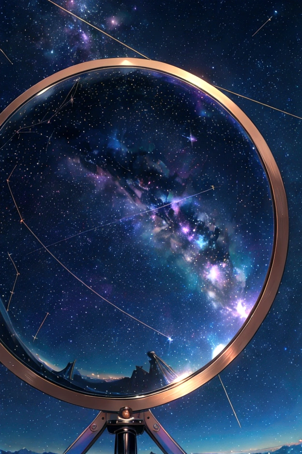 The world seen through a telescope、Iridescent幻想的なNight Sky、constellation, Iridescentconstellation、Iridescent空包み込まれそうな瞬間，Astronomical observation、Planetarium、Meteors、colorful，美しいconstellation、Three-dimensional，wonderful景色，Night Sky，An atmosphere full of dreams and hope，masterpiece．16K, Ultra-high resolution, to be born,wonderful ,future、Iridescent、The world 30 years from now。