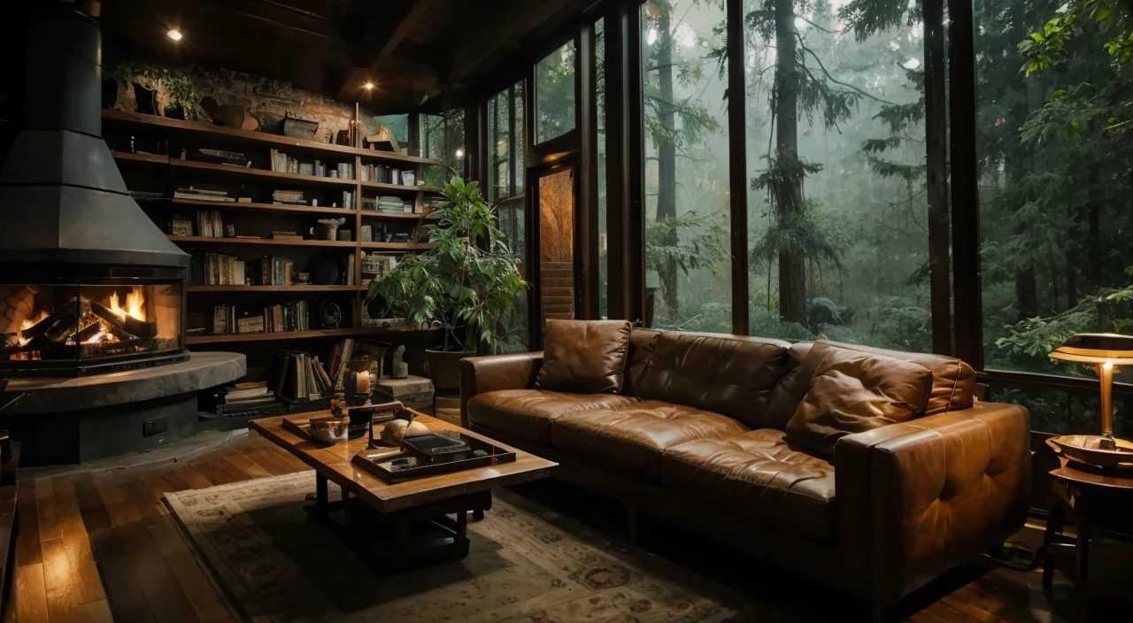 A cozy living room with a book shelf and a fireplace