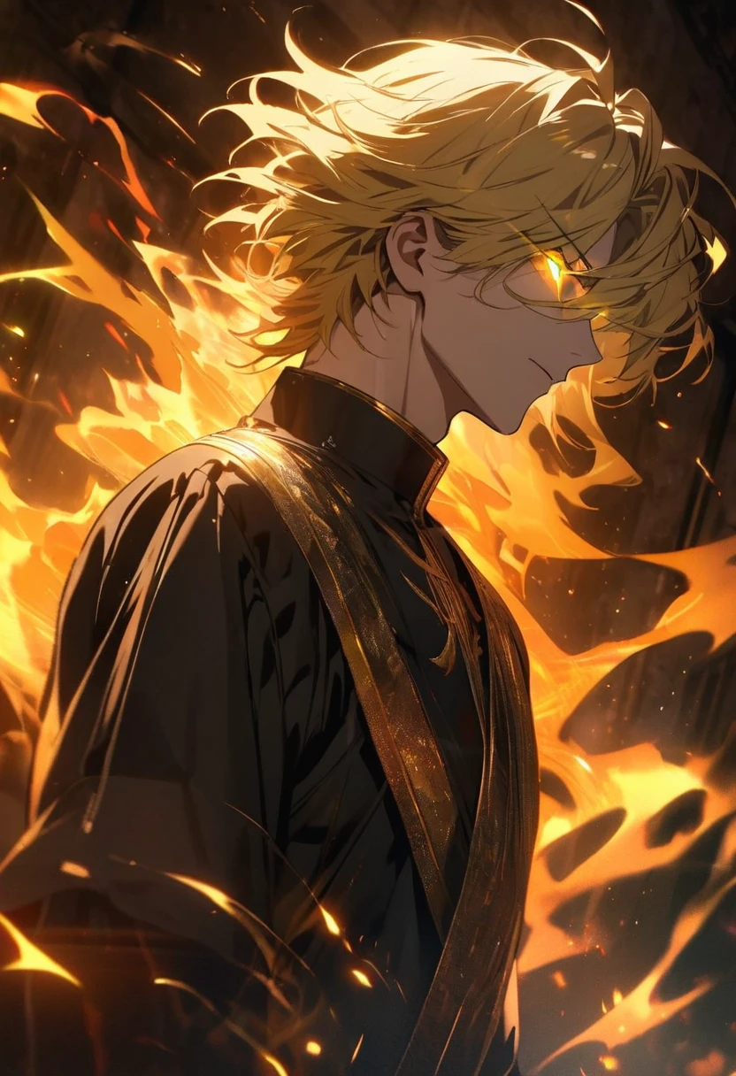 male, solo, handsome, blond hair, god, god eyes, glowing eyes, light, aura, holo, golden, side view
