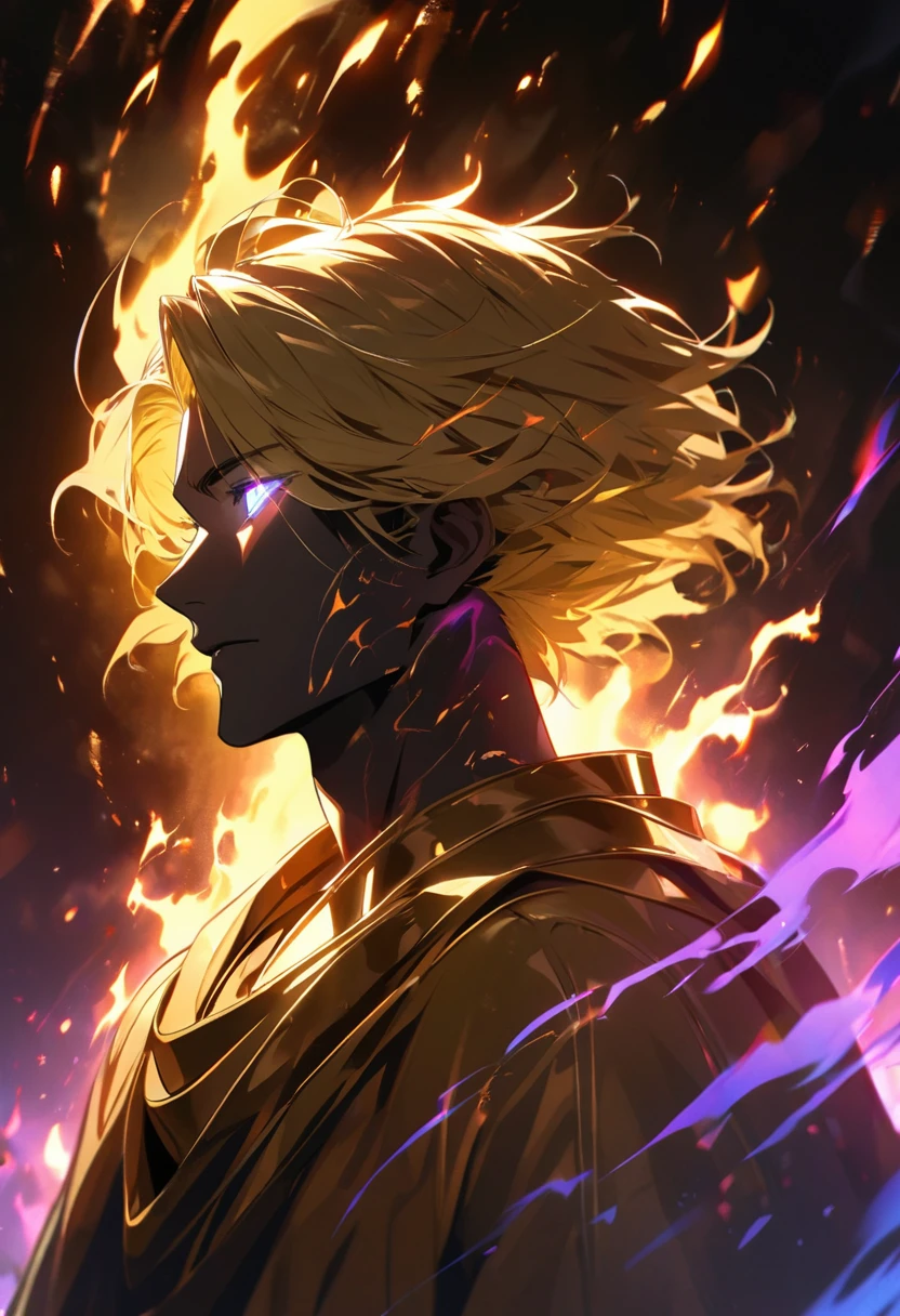 male, solo, handsome, blond hair, god, god eyes, glowing eyes, light, aura, holo, golden, side view