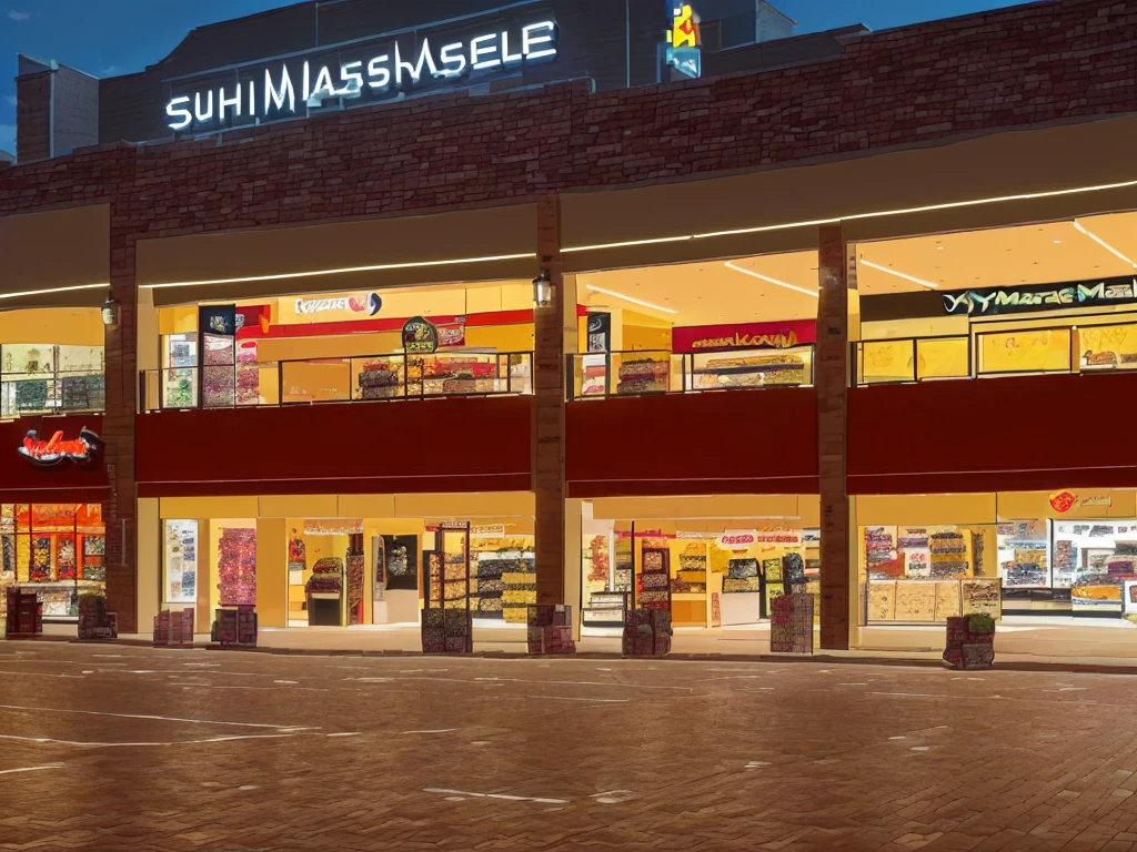 (((Masterpiece))), (high quality),(Very small shopping mall,Daytime.unmanned,All the lights are off:1.5),(All the stores are independent and all have one floor.:1.5),There is a parking lot in front of the shopping mall,There is no car in the parking lot,Low - Angle,From a human perspective