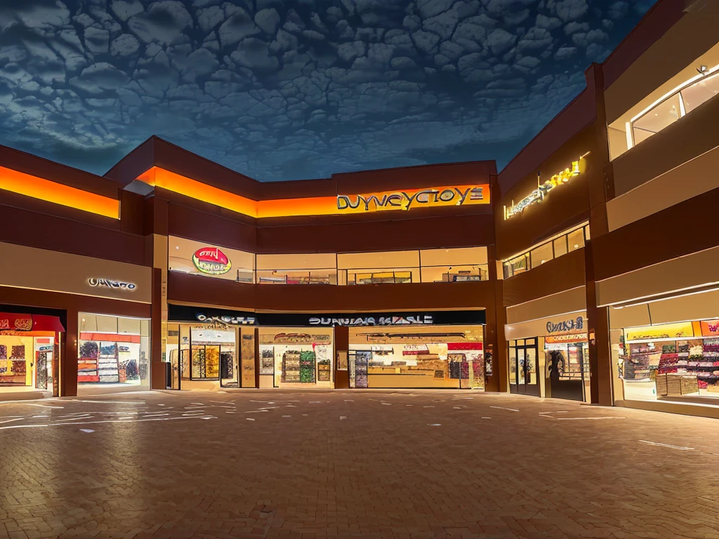 (((Masterpiece))), (high quality),(Very small shopping mall,Daytime.unmanned,All the lights are off:1.5),(All the stores are independent and all have one floor.:1.5),There is a parking lot in front of the shopping mall,There is no car in the parking lot,Low - Angle,From a human perspective
