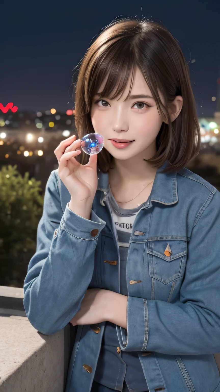 closeup shot , Best picture quality (8K, high resolution, Masterpiece: 1.2), super detailed,  215 Short Hair, 16-year-old woman, 

situation: On the roof of a high-rise building、A woman blowing bubbles with a cityscape in the background。
clothing: Modern casual wear、Jacket、boots。
angle:
Close-up: Hands blowing soap bubbles、A detailed look at soap bubbles floating in the cityscape。
Detailed depiction: With buildings and night city lights in the background、Emphasizing the fantastical atmosphere in the city。
Emotional moment: A relaxed expression while blowing bubbles、Capturing people enjoying the cityscape。

, Close-up of face 

, random cute pose ,big eyes ,Puffy eyes ,  Heart Pupil, blush  , huge shy smile , salute
