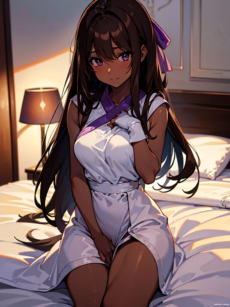(​masterpiece、top-quality、hight resolution、Unity 8k Wallpaper、extremely details CG:1), Illustration of a female model in an indecent pose. The model is striking an alluring pose. The model is looking quietly seductive. She is wearing an outfit appropriate for a masturbator. The background is a well-lit studio setting in a private room with a bed. The overall atmosphere is professional and glamorous, emphasizing the beauty and sexuality of the models. nsfw, ((purple ribbon)), (((((dark brown skin)))))