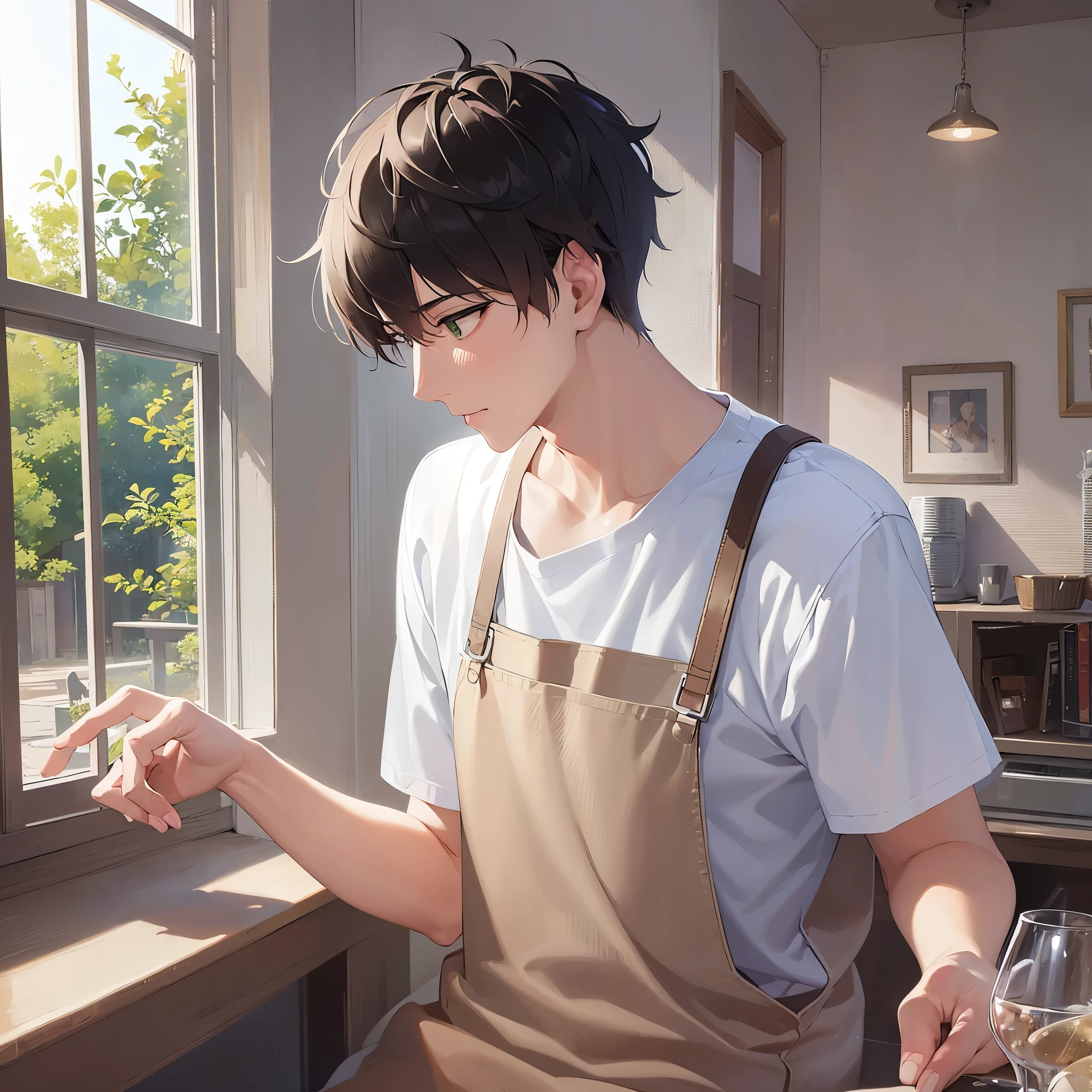 (25-year-old male:1.5) and (Brown short hair) and (Green Eyes),(looking away:1.5),upper body,Side shot、shiny skin,masterpiece、Highest quality、serious,(whiteTshirt:1.5),The background is the living room,(alone:1.5)、Wearing an apron,Hang your clothes to dry