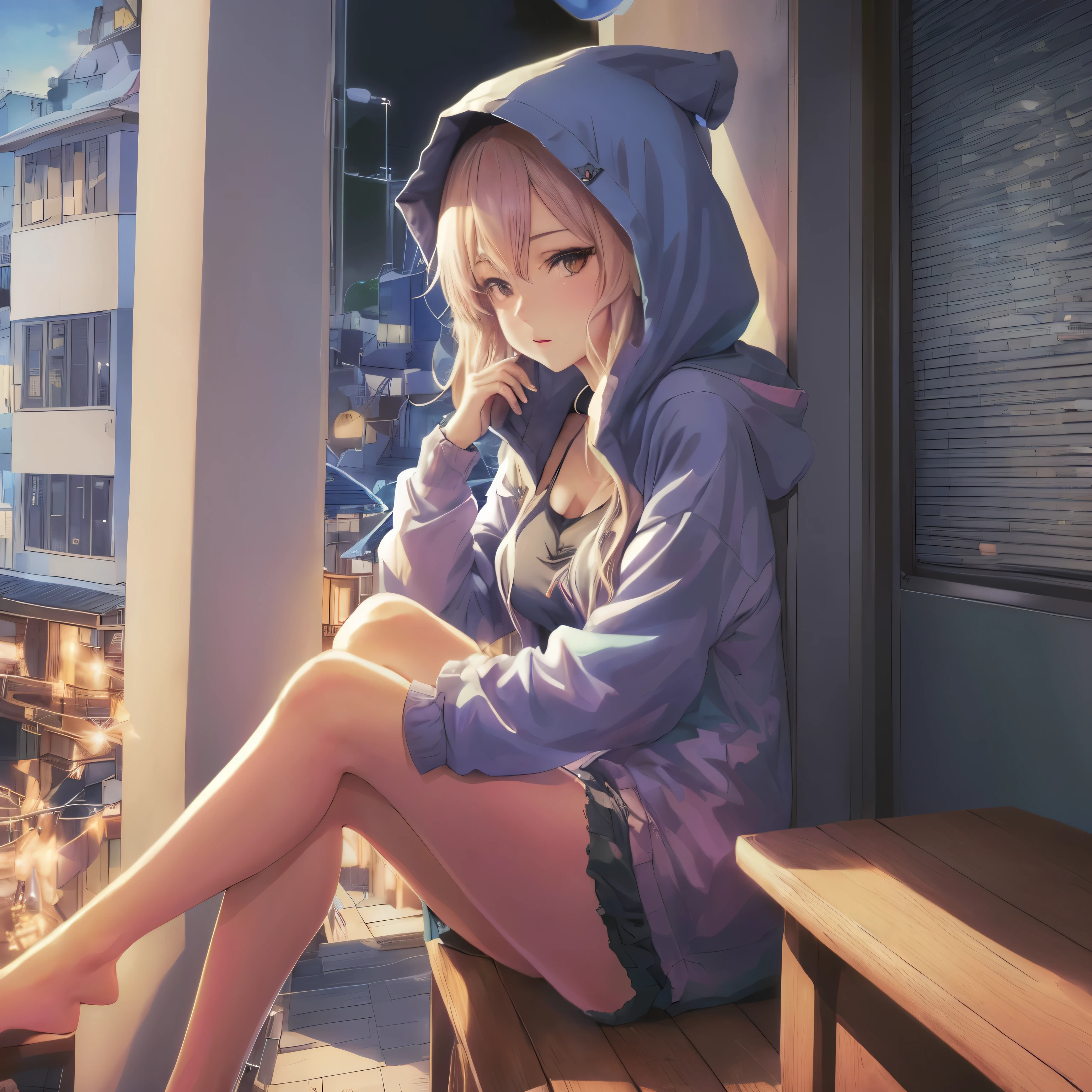 Anime girl sitting on a balcony drinking coffee, Loungewear,Wearing a hood,Shorts,camisole,relaxing,anime art wallpaper 4k, Anime Style 4k, anime art wallpaper 4k, Mysterious Coffee Shop Girl, Anime Art Wallpapers 8K, 4k anime wallpaper, 4K Manga Wallpapers, anime wallpaper 4k, anime wallpaper 4k, Anime-style streetscape, Ultra HD Anime Wallpaper, Anime Background Art