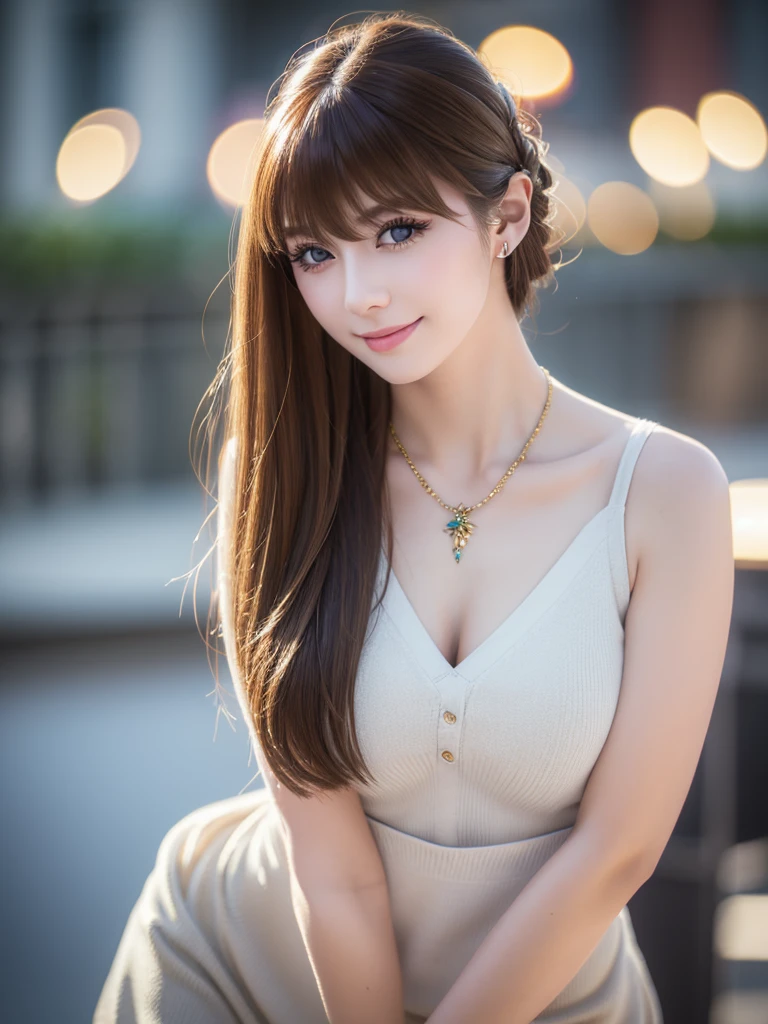 a beautiful young russian woman, detailed face, ((high quality)), photorealistic, stunning eyes, long eyelashes, flawless skin, light brown hair, tight waist, necklace, active posing, long hairstyle, vivid colors, masterpiece, best quality, confident expression, ultra-detailed, (realistic:1.37), 8K, HDR, studio lighting, physically-based rendering, professional, vivid colors, bokeh, beautiful figure, gorgeous lips, fantasy snowy landscape、としたニットセーター、smile