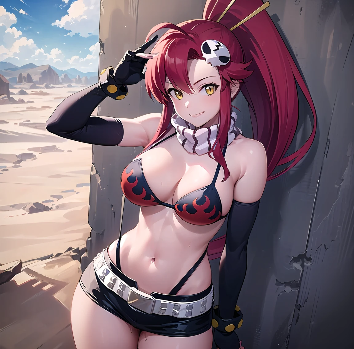 ((1 girl)), ((alone)),yoko littner, ((Extremely detailed CG unity 4k wallpaper)), (Masterpiece), (ultra quality), (Ultra detailed), (best illustration), ( best shadow ), (extremely detailed), looking at viewer, (absurdities), (detailed background), curvy body, dynamic pose, cowboy photo, large breasts, medium waist, wide hips, medium thighs, round butt,(( hair ornament, skull ornament, long hair, ponytail, red hair, long hair, yellow eyes, smile, closed mouth), anti-material rifle, (ahoge:1.3), white tube top, neckline, shoulders bare, black suspenders, harness, loose sleeves, black sleeves, black gloves, bare waist, navel, black miniskirt, white belt, black thigh-high boots, seductive, standing, cowboy photo, backlight, ((only )), ((Standing: 1.4, deserted wasteland, apocalyptic landscape, sunny, clouds, (sexy smile, sexy pose: 1.4), Arms crossed, arms under breasts, )), looking forward, ((focus on breasts)), pov: (from above), perfect anatomy, perfect hands