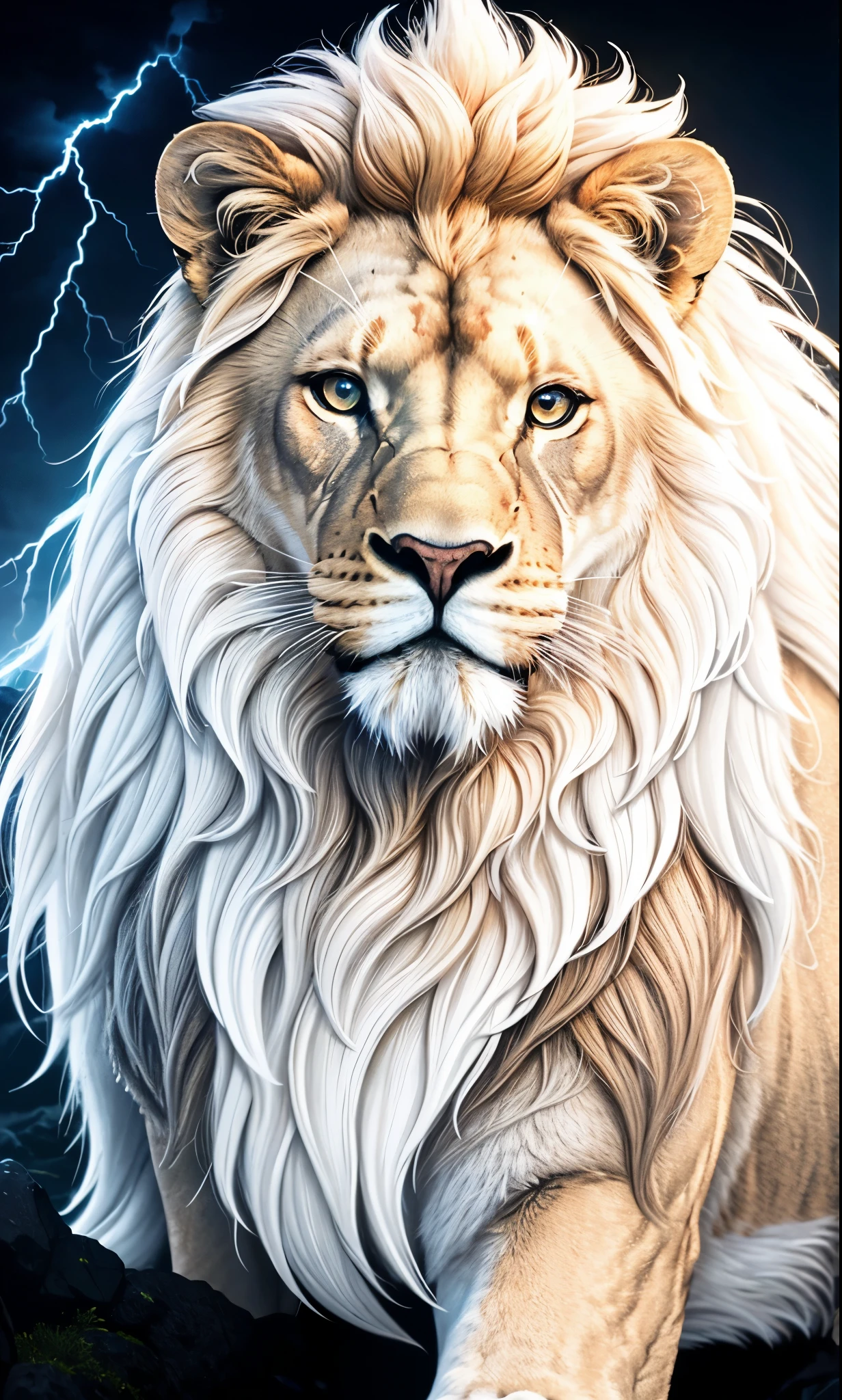 Lion, Divine Lion, naturals, thunder, Realistic Lion, rey, realistic detailed, Sunset light, sky, Sol noturno, realistic detailed 16K, Eletricidade Detalhada 8K, darkness background, Texturas realistas de 8K, Cores photorrealistic 8K, fire azul, realistic detailed Fire Bolt, sky Light Detailed, Power of thunder, Divine realistic, golden crown, golden crown, golden crown, naturey, Linda, Rendering, photorrealistic, UltraHigh definition, 4K, detailed textures, thunder, detailed shadows, detailed colors, neon blue, blue light, lightnings, blue power, naturey Linda, Great Divine, peaceful face, naturalss, lightning, Electric Power Screw, detailed contrast, realistic contrast, high resolution, detailed colors, fire, villany, divine creature, 8K FullHD, realistic detailed, 16K, 8K, High definition, detailed contrast, realistic contrast, high resolution, detailed colors, fire, villany, divine creature, 8K Realistic Lion Face, realistic detailed, posh, elegance